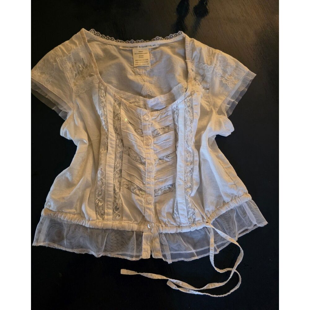 90s O&G Original & Glamour White Cotton Lace Trim Blouse Size Small